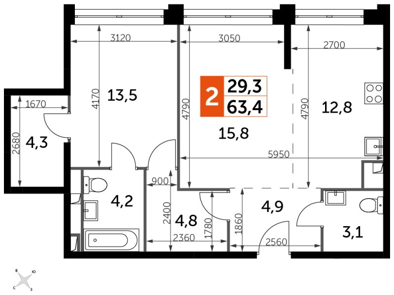 2-комнатная квартира без отделки, 63.4 м2, 42 этаж, сдача 1 квартал 2023 г., ЖК Sydney City, корпус 3 - объявление 1853999 - фото №1