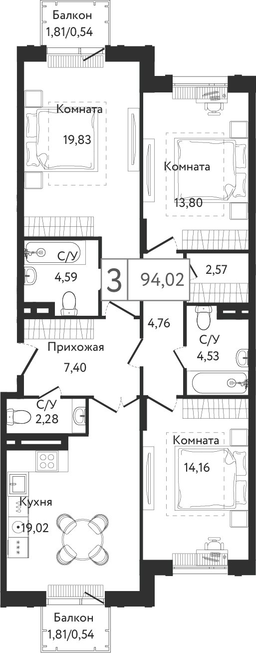 3-комнатная квартира без отделки, 94.02 м2, 2 этаж, сдача 3 квартал 2023 г., ЖК Dream Towers, корпус 3 - объявление 2261239 - фото №1