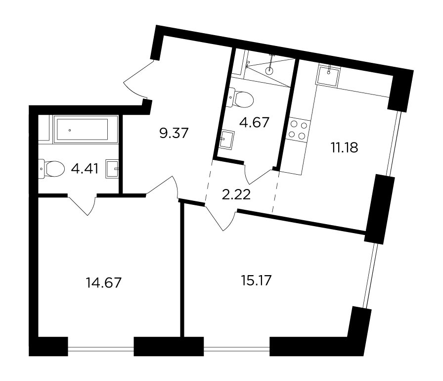 2-комнатная квартира с частичной отделкой, 61.69 м2, 13 этаж, дом сдан, ЖК FORIVER, корпус 8 - объявление 2371307 - фото №1