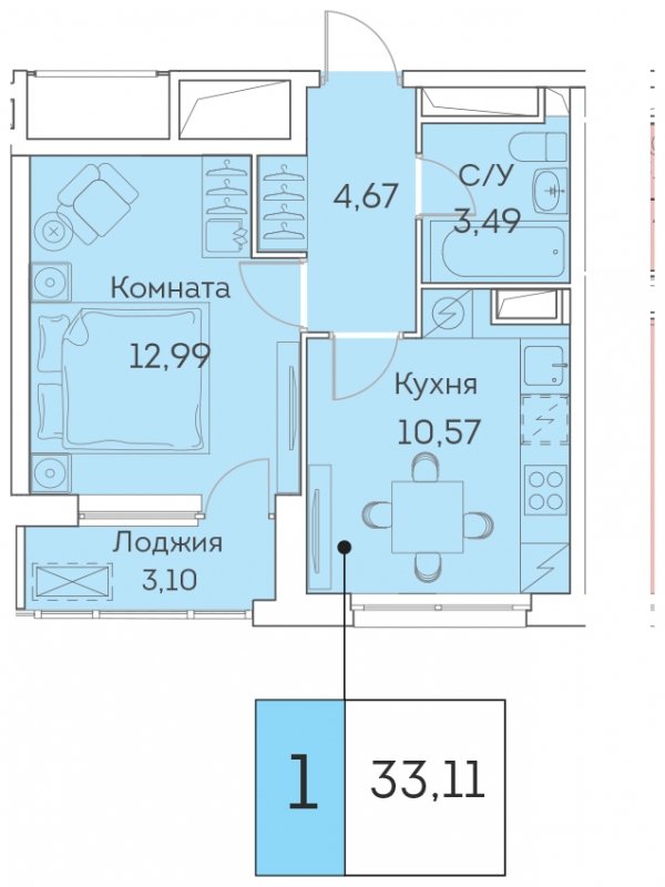 1-комнатная квартира с частичной отделкой, 33.11 м2, 22 этаж, сдача 3 квартал 2023 г., ЖК Аквилон BESIDE, корпус 1 - объявление 1419251 - фото №1