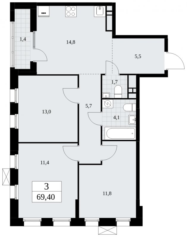 3-комнатная квартира без отделки, 69.4 м2, 13 этаж, сдача 1 квартал 2025 г., ЖК Дзен-кварталы, корпус 1.3 - объявление 1896013 - фото №1