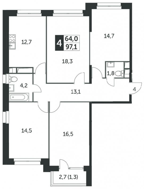 4-комнатная квартира без отделки, 97.2 м2, 19 этаж, сдача 4 квартал 2023 г., ЖК Датский квартал, корпус 2 - объявление 1568491 - фото №1