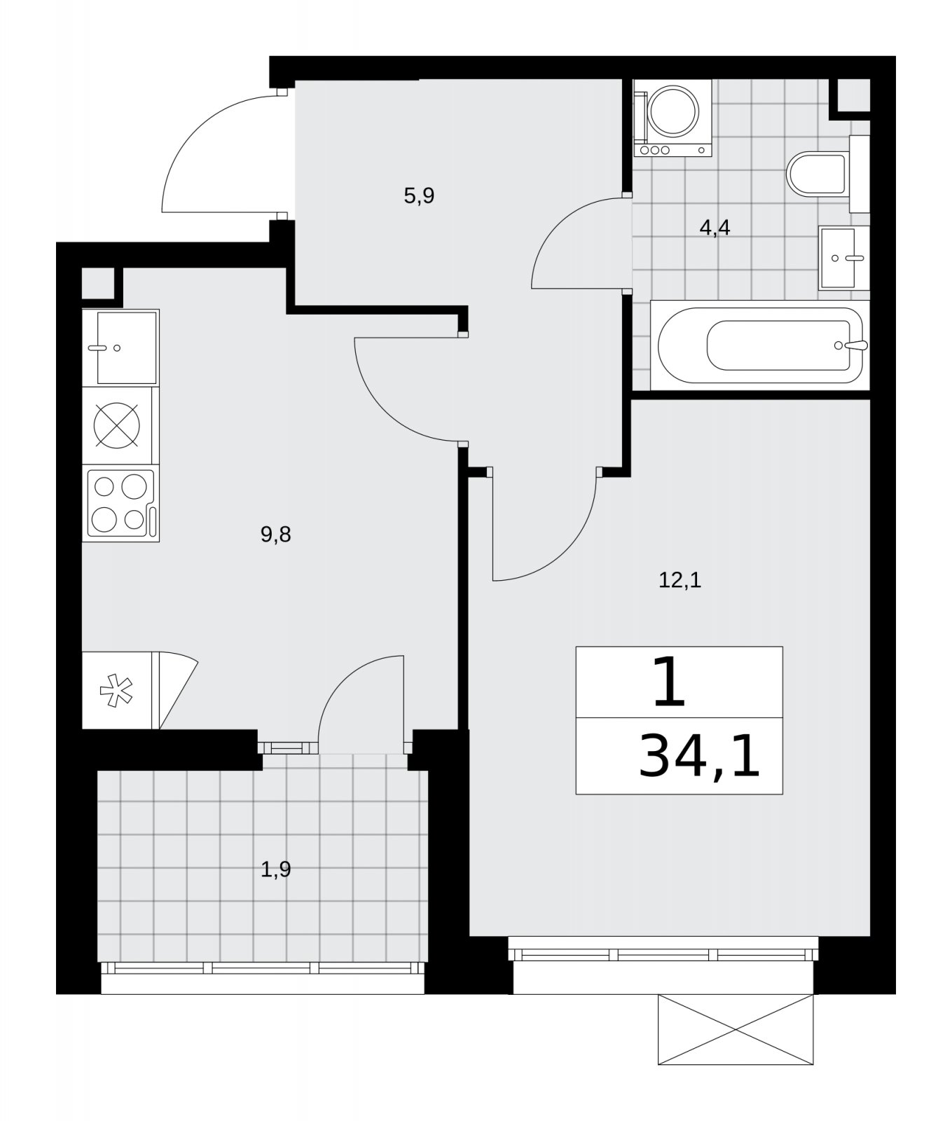 1-комнатная квартира с частичной отделкой, 34.1 м2, 2 этаж, сдача 2 квартал 2026 г., ЖК Деснаречье, корпус 4.6 - объявление 2264596 - фото №1