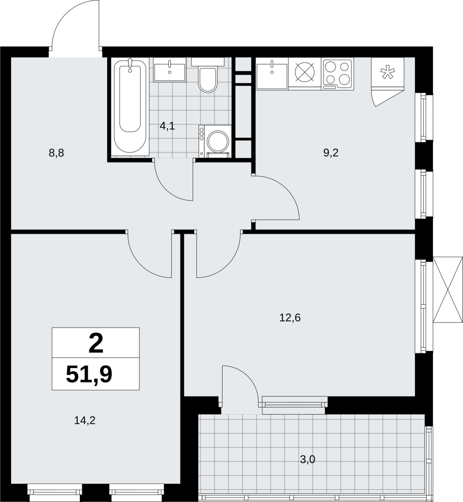 2-комнатная квартира без отделки, 51.9 м2, 13 этаж, сдача 4 квартал 2026 г., ЖК Скандинавия, корпус 2.18.1.2 - объявление 2350723 - фото №1