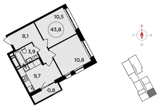 2-комнатная квартира без отделки, 43.8 м2, 17 этаж, сдача 3 квартал 2023 г., ЖК Прокшино, корпус 4.3 - объявление 1498228 - фото №1