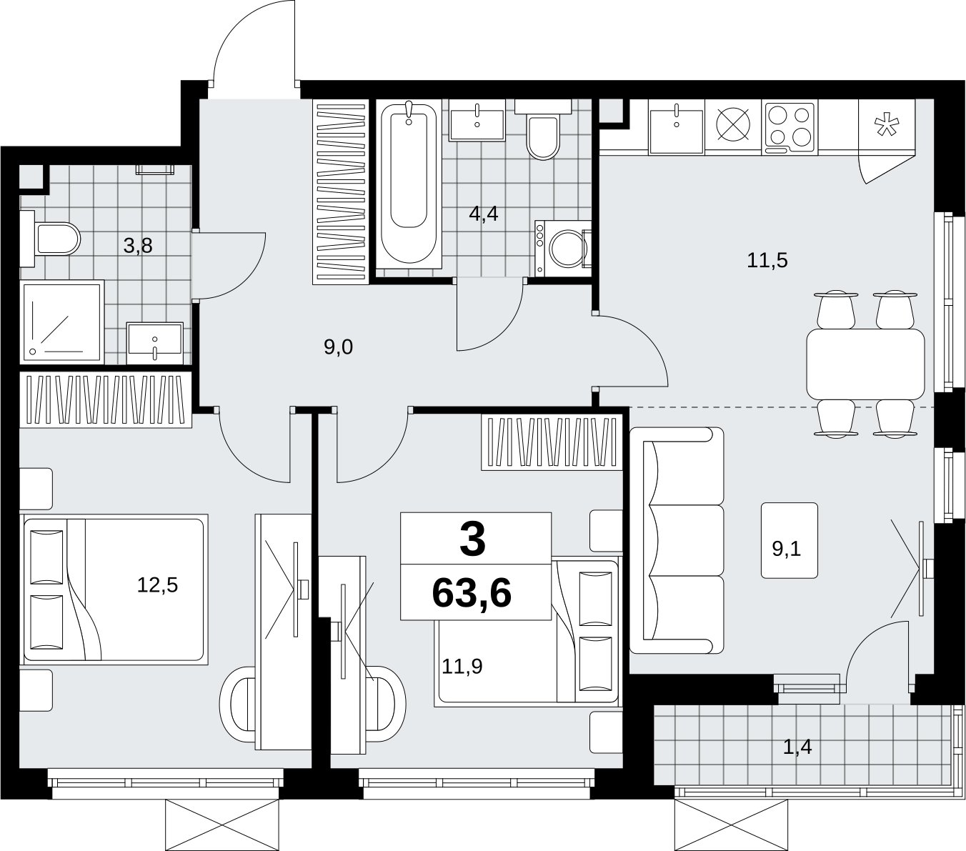 3-комнатная квартира (евро) без отделки, 63.6 м2, 2 этаж, сдача 4 квартал 2026 г., ЖК Скандинавия, корпус 2.18.2.5 - объявление 2351647 - фото №1