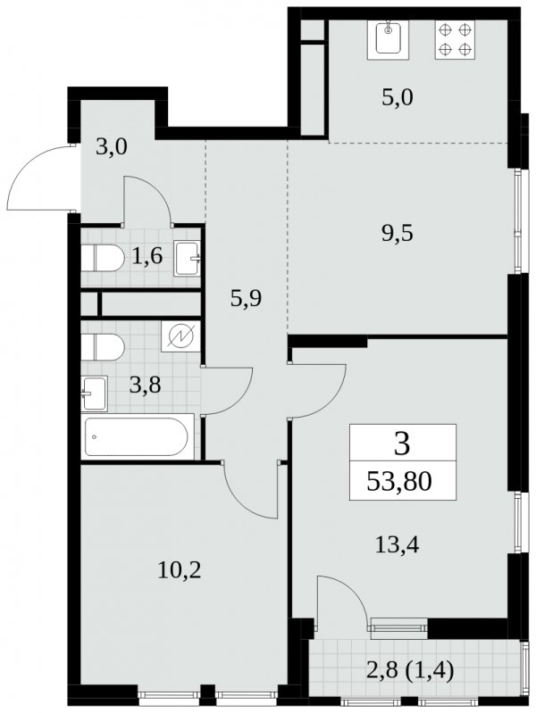 3-комнатная квартира (евро) без отделки, 53.8 м2, 7 этаж, сдача 2 квартал 2025 г., ЖК Южные сады, корпус 2.4 - объявление 1760205 - фото №1