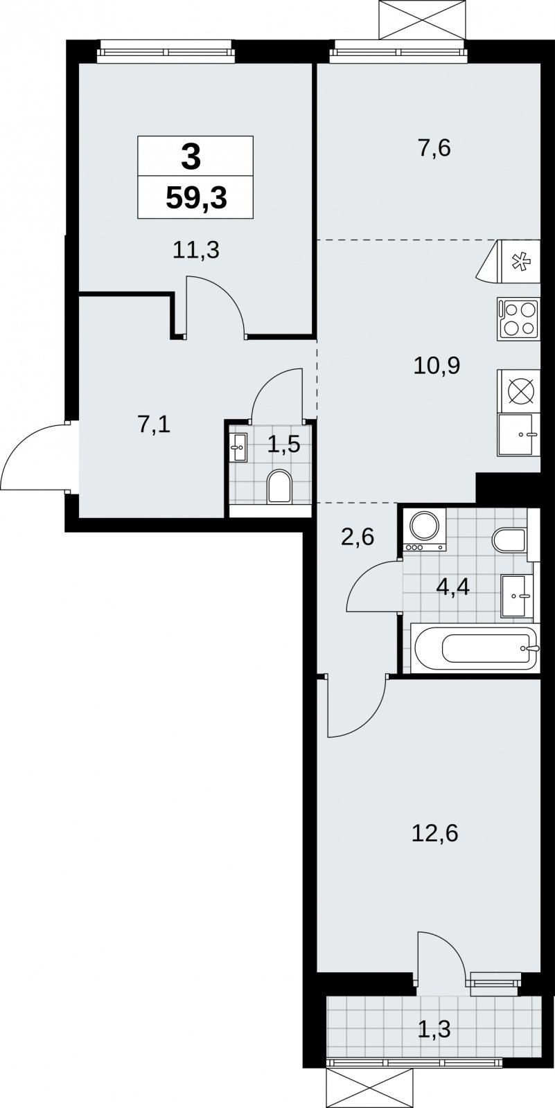 3-комнатная квартира (евро) без отделки, 59.3 м2, 8 этаж, сдача 2 квартал 2026 г., ЖК Бунинские кварталы, корпус 9.1 - объявление 2324019 - фото №1