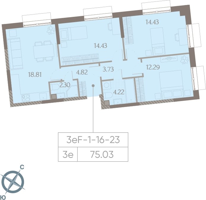 3-комнатная квартира без отделки, 75 м2, 16 этаж, сдача 3 квартал 2025 г., ЖК Дмитровское небо, корпус 2 - объявление 2185643 - фото №1