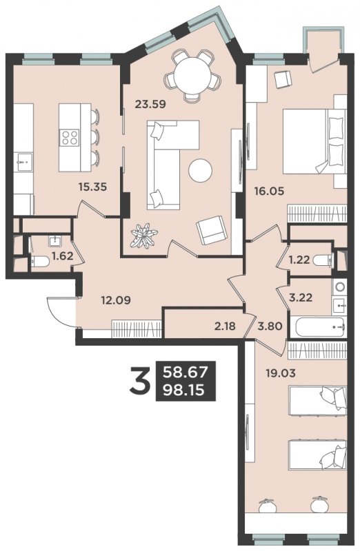 3-комнатная квартира 99 м2, 4 этаж, дом сдан, ЖК Лефорт, корпус 3 - объявление 1660499 - фото №1