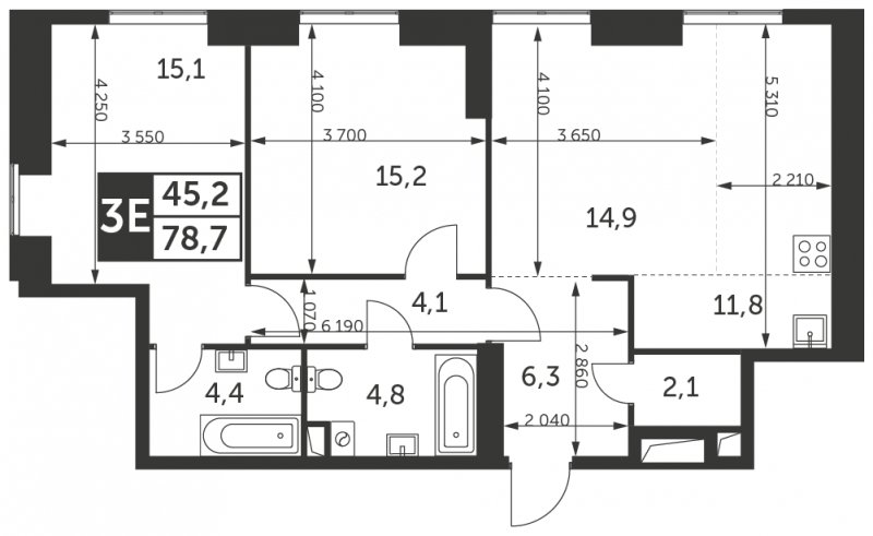 3-комнатная квартира с частичной отделкой, 78.7 м2, 34 этаж, сдача 4 квартал 2023 г., ЖК Архитектор, корпус 2 - объявление 1710119 - фото №1