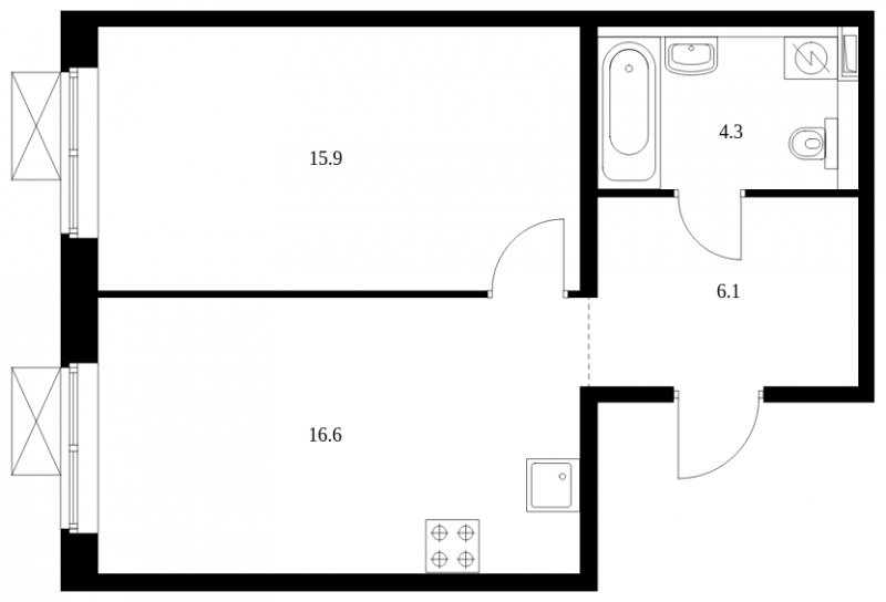 1-комнатная квартира с полной отделкой, 42.9 м2, 3 этаж, сдача 4 квартал 2023 г., ЖК Бунинские луга, корпус 3.1.2 - объявление 1647063 - фото №1