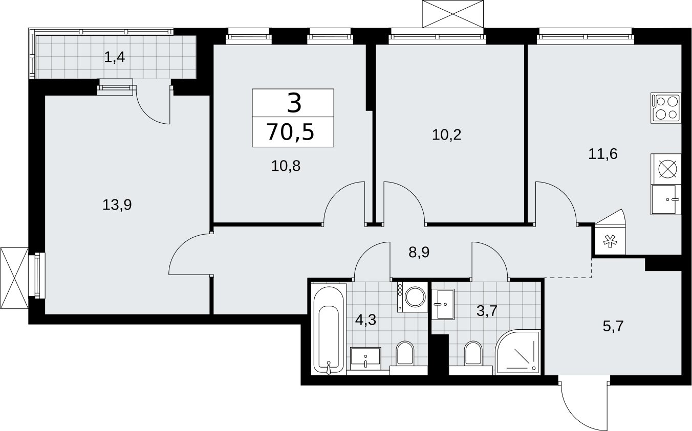 3-комнатная квартира без отделки, 70.5 м2, 5 этаж, сдача 2 квартал 2026 г., ЖК Бунинские кварталы, корпус 7.3 - объявление 2313859 - фото №1