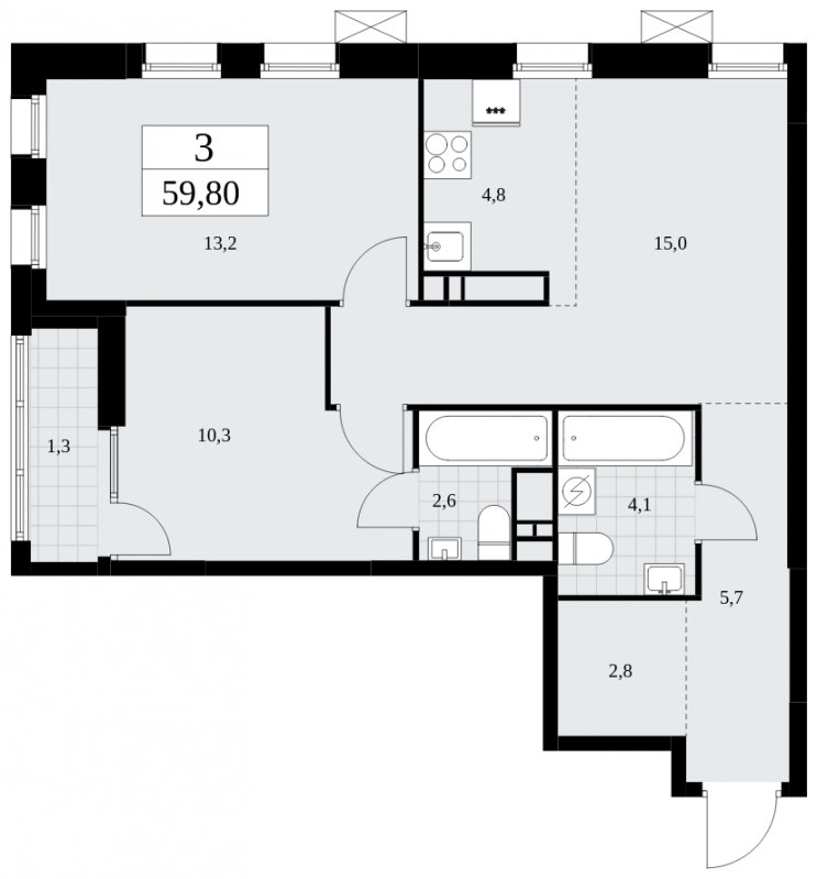 3-комнатная квартира (евро) с частичной отделкой, 59.8 м2, 17 этаж, сдача 1 квартал 2025 г., ЖК Дзен-кварталы, корпус 1.1 - объявление 1895611 - фото №1