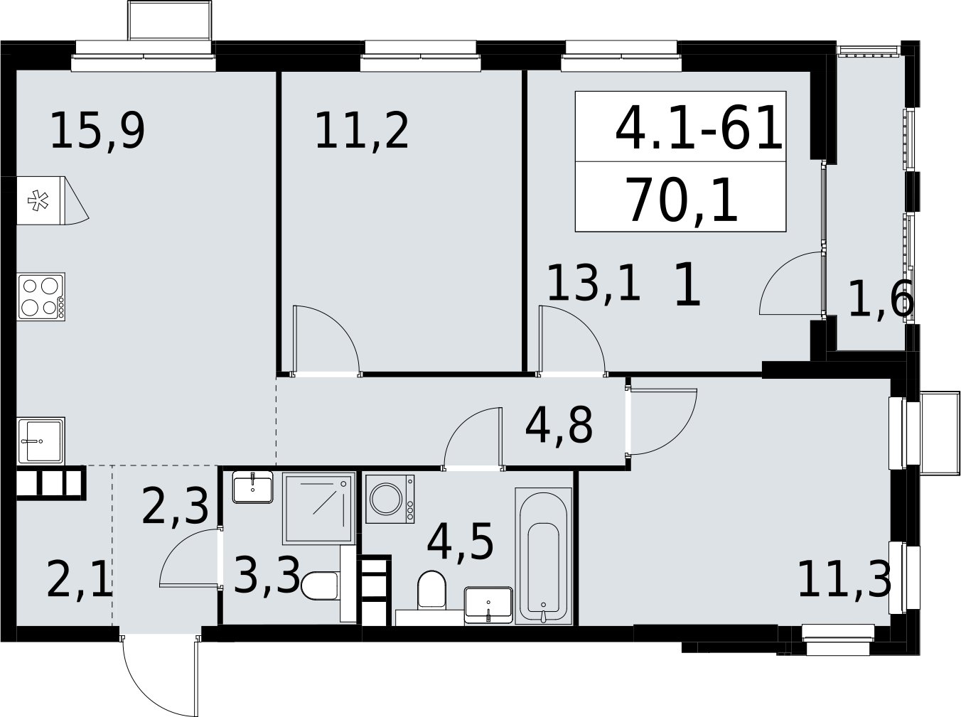 3-комнатная квартира с полной отделкой, 70.1 м2, 12 этаж, сдача 2 квартал 2027 г., ЖК Южные сады, корпус 4.1.1 - объявление 2392602 - фото №1