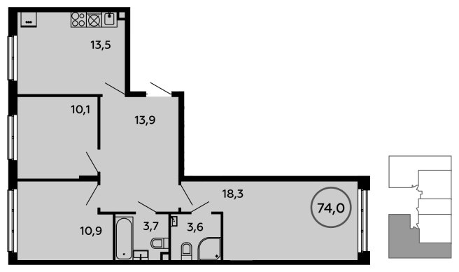 3-комнатная квартира без отделки, 74 м2, 2 этаж, сдача 1 квартал 2023 г., ЖК Скандинавия, корпус 2.14.1 - объявление 1499199 - фото №1
