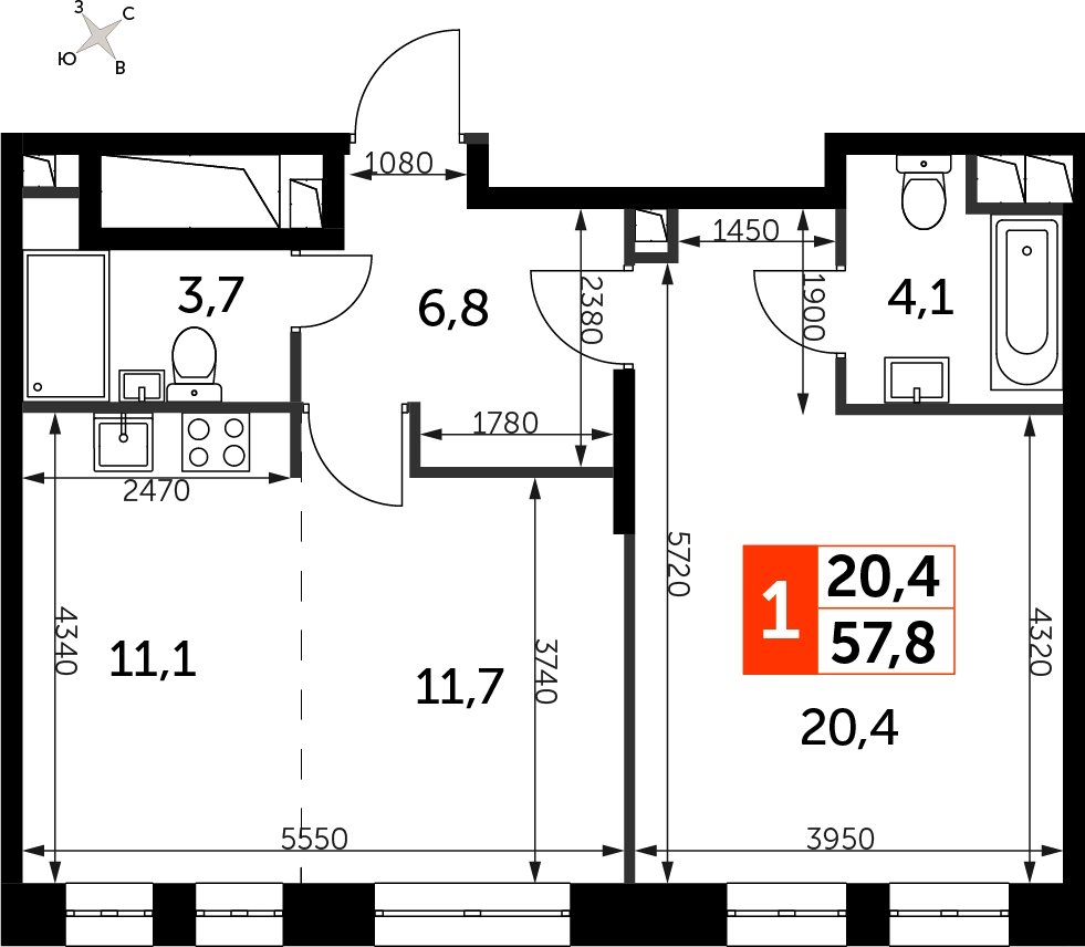 1-комнатная квартира с частичной отделкой, 57.8 м2, 10 этаж, сдача 3 квартал 2024 г., ЖК Sydney City, корпус 2.1 - объявление 2282945 - фото №1