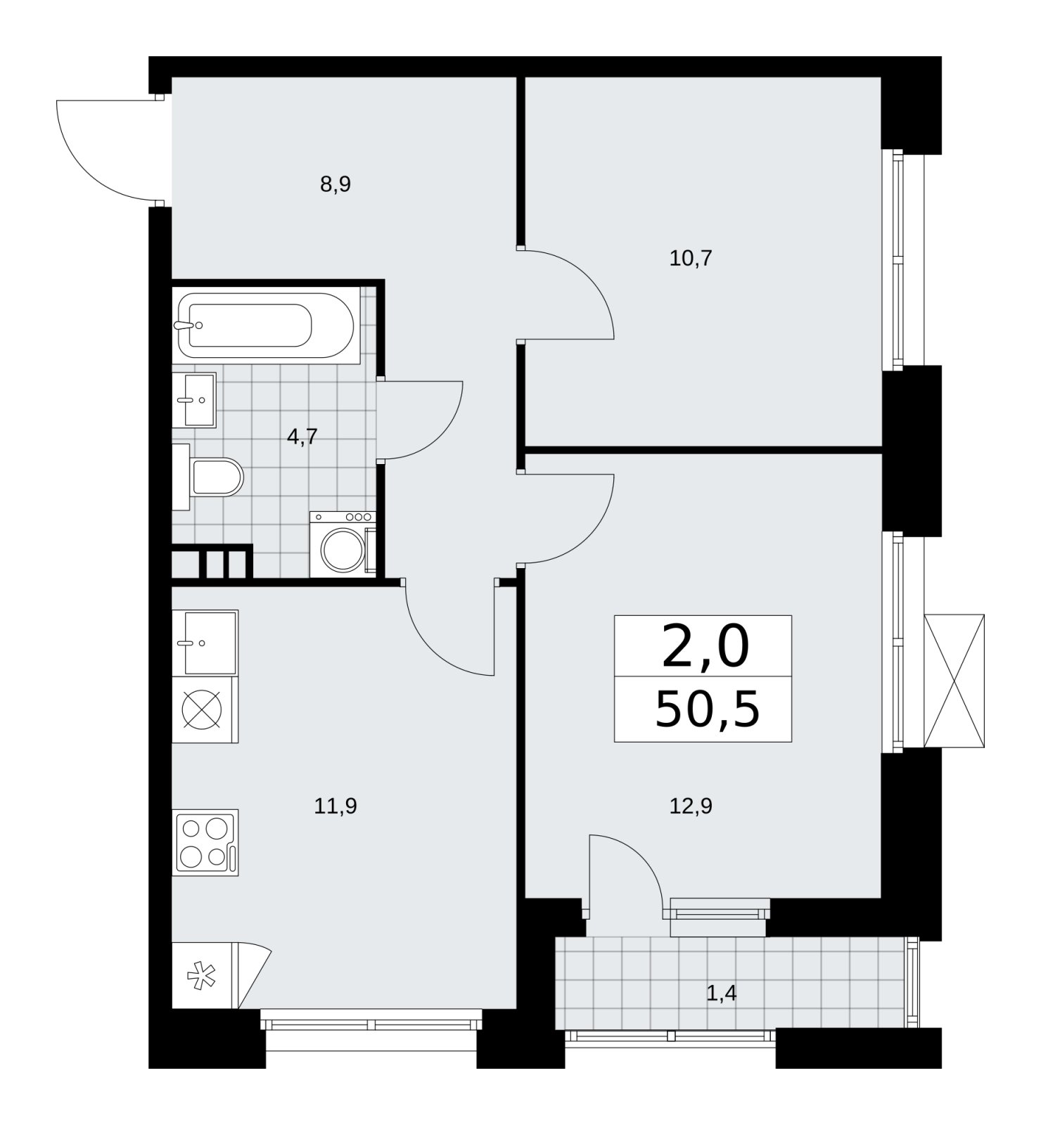 2-комнатная квартира с частичной отделкой, 50.5 м2, 3 этаж, сдача 1 квартал 2026 г., ЖК Бунинские кварталы, корпус 6.3 - объявление 2252642 - фото №1