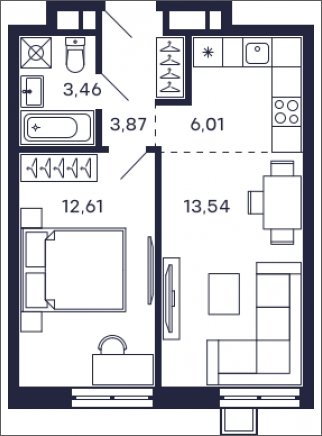 1-комнатная квартира без отделки, 39.49 м2, 27 этаж, сдача 2 квартал 2025 г., ЖК Квартал Тетрис, корпус "Квартал Тетрис 2.2" - объявление 2005465 - фото №1