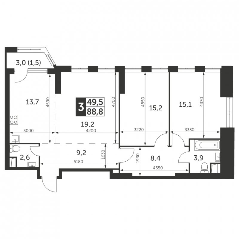 3-комнатная квартира с частичной отделкой, 88.8 м2, 3 этаж, сдача 4 квартал 2023 г., ЖК Архитектор, корпус 3 - объявление 1566123 - фото №1