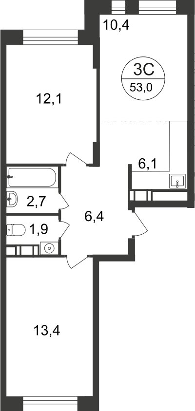 3-комнатная квартира с полной отделкой, 53 м2, 13 этаж, дом сдан, ЖК Люберцы, корпус 66 - объявление 2400379 - фото №1