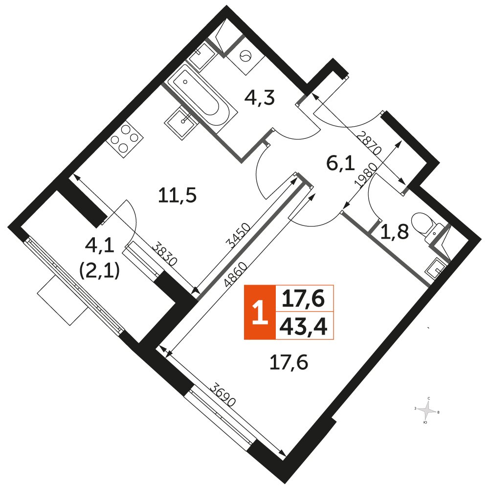 1-комнатная квартира с частичной отделкой, 43.5 м2, 1 этаж, дом сдан, ЖК UP-квартал Римский, корпус 7 - объявление 2359902 - фото №1