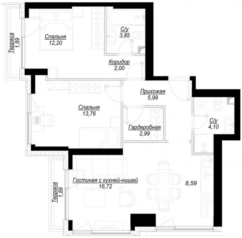 2-комнатная квартира с частичной отделкой, 71.3 м2, 4 этаж, сдача 1 квартал 2023 г., ЖК Hide, корпус RiverSide - объявление 1707099 - фото №1