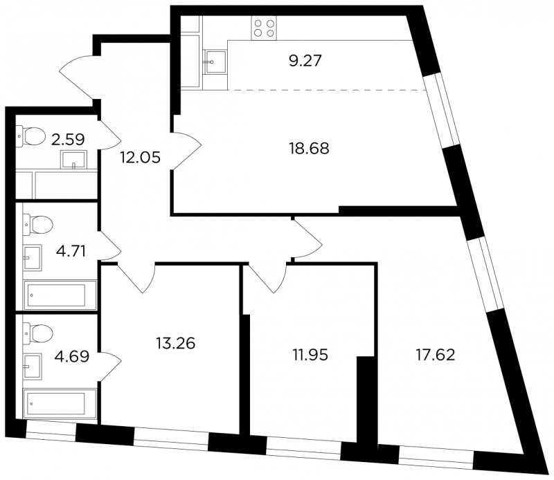 4-комнатная квартира без отделки, 94.82 м2, 11 этаж, сдача 3 квартал 2022 г., ЖК КутузовGRAD 2, корпус 5 - объявление 1753551 - фото №1