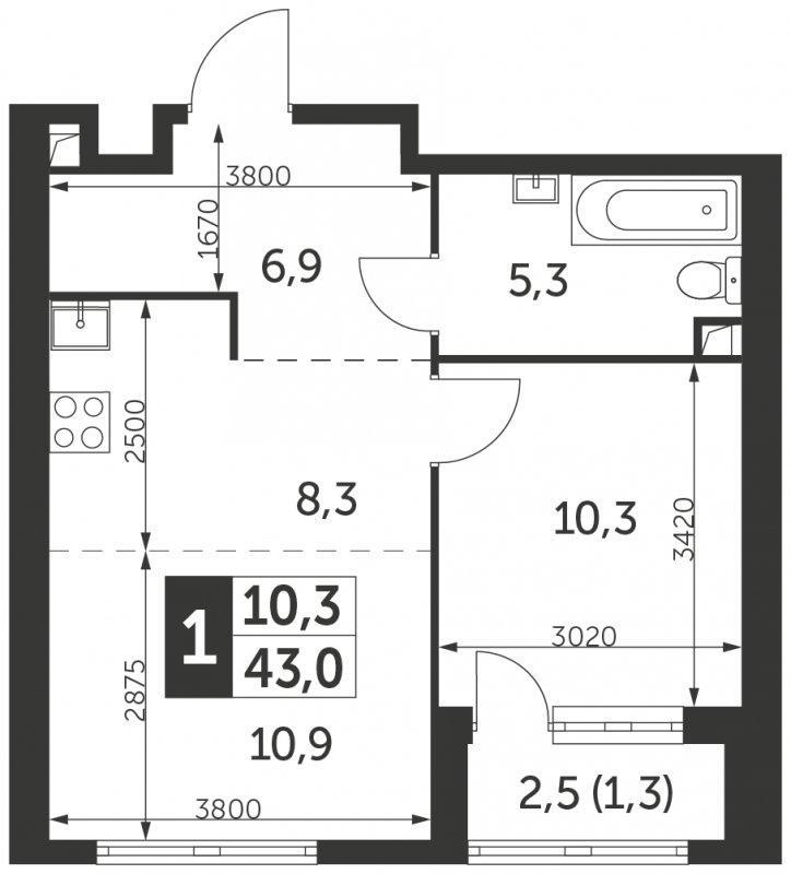1-комнатная квартира без отделки, 43 м2, 25 этаж, сдача 4 квартал 2023 г., ЖК Архитектор, корпус 1 - объявление 1698530 - фото №1