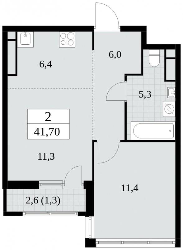 2-комнатная квартира (евро) с частичной отделкой, 41.7 м2, 14 этаж, сдача 2 квартал 2025 г., ЖК Южные сады, корпус 2.1 - объявление 1759916 - фото №1