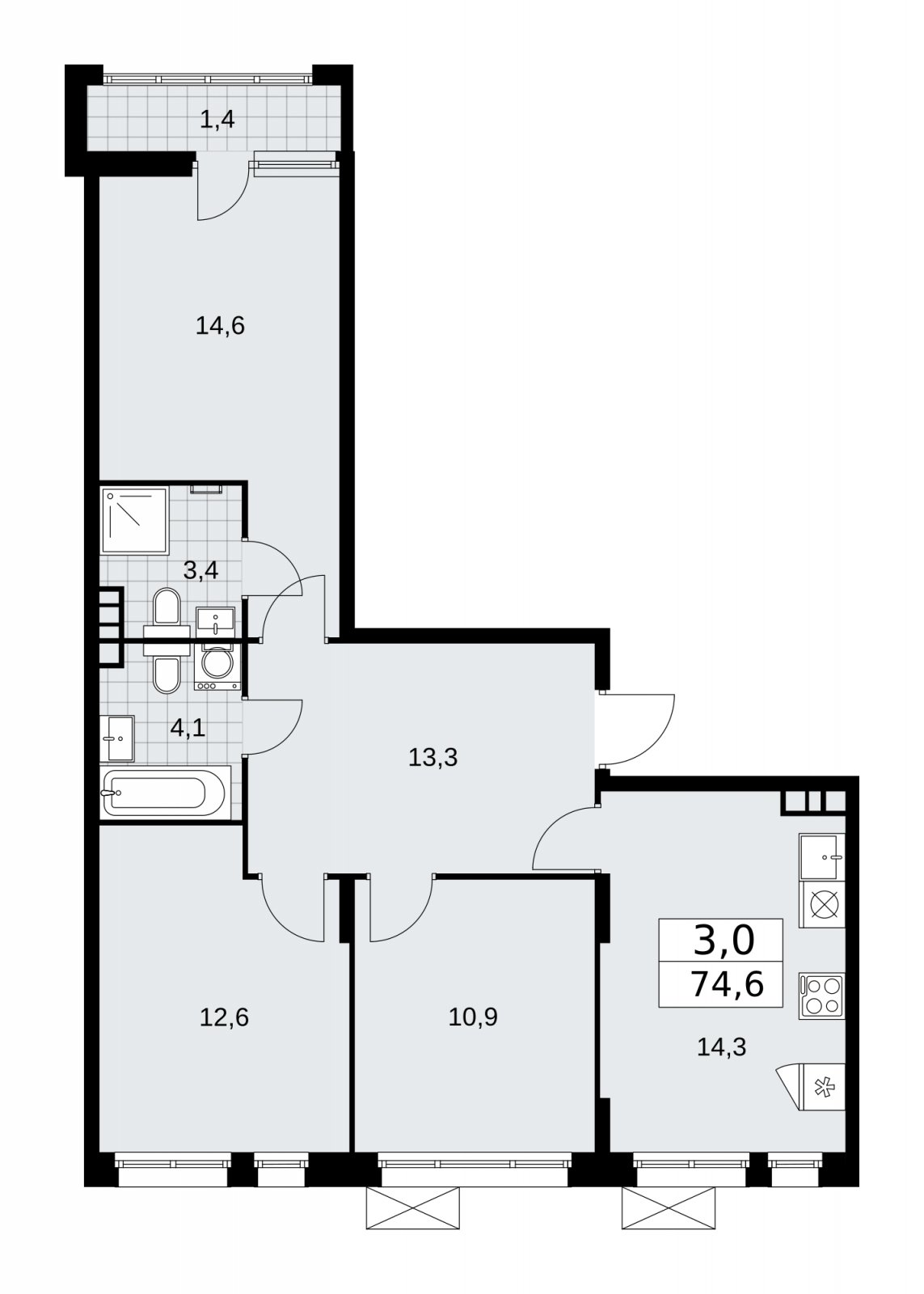 3-комнатная квартира с частичной отделкой, 74.6 м2, 4 этаж, сдача 2 квартал 2026 г., ЖК Прокшино, корпус 10.1.5 - объявление 2227844 - фото №1