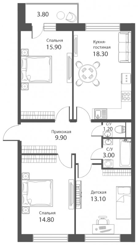 4-комнатная квартира (евро) с частичной отделкой, 78.1 м2, 1 этаж, сдача 2 квартал 2022 г., ЖК Аквилон PARK, корпус 1 - объявление 1275815 - фото №1