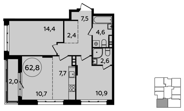 3-комнатная квартира (евро) с частичной отделкой, 62.8 м2, 4 этаж, сдача 1 квартал 2024 г., ЖК Скандинавия, корпус 2.23.2 - объявление 1514633 - фото №1
