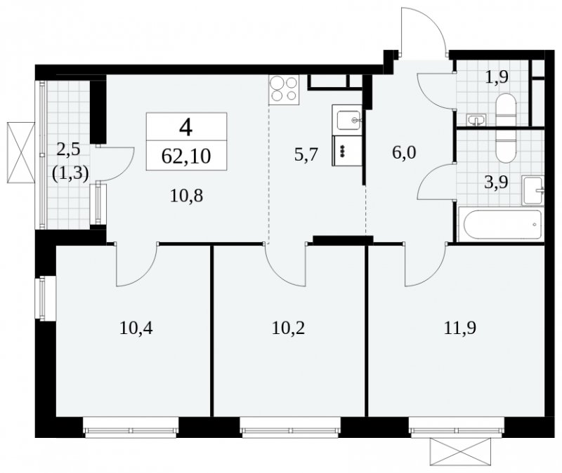 4-комнатная квартира (евро) без отделки, 62.1 м2, 6 этаж, сдача 2 квартал 2024 г., ЖК Прокшино, корпус 6.1 - объявление 1662514 - фото №1