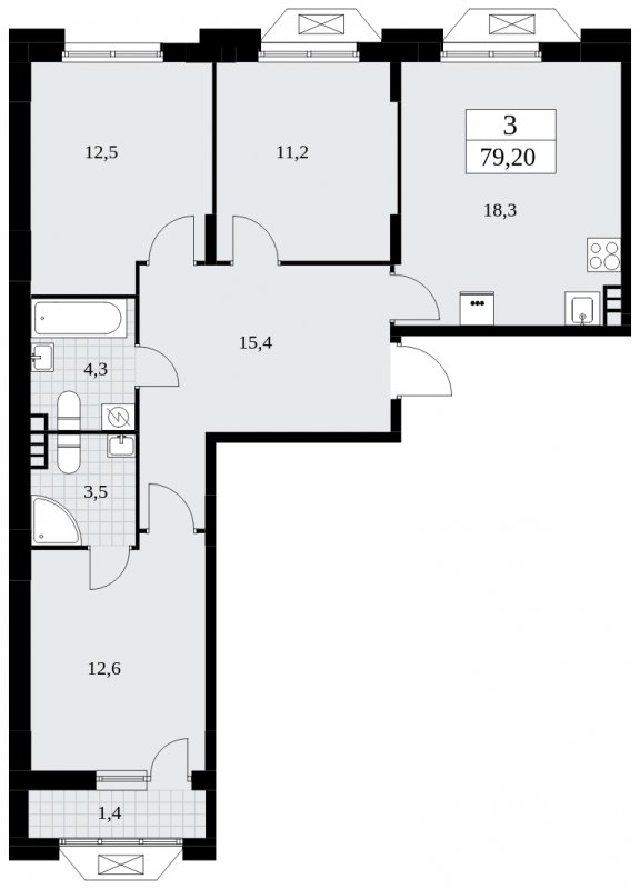 3-комнатная квартира с частичной отделкой, 79.2 м2, 5 этаж, сдача 4 квартал 2024 г., ЖК Бунинские кварталы, корпус 1.2 - объявление 1834450 - фото №1