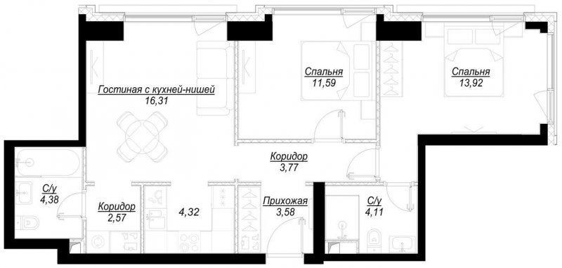 2-комнатная квартира с частичной отделкой, 64.6 м2, 11 этаж, сдача 1 квартал 2023 г., ЖК Hide, корпус RiverSide - объявление 1756880 - фото №1