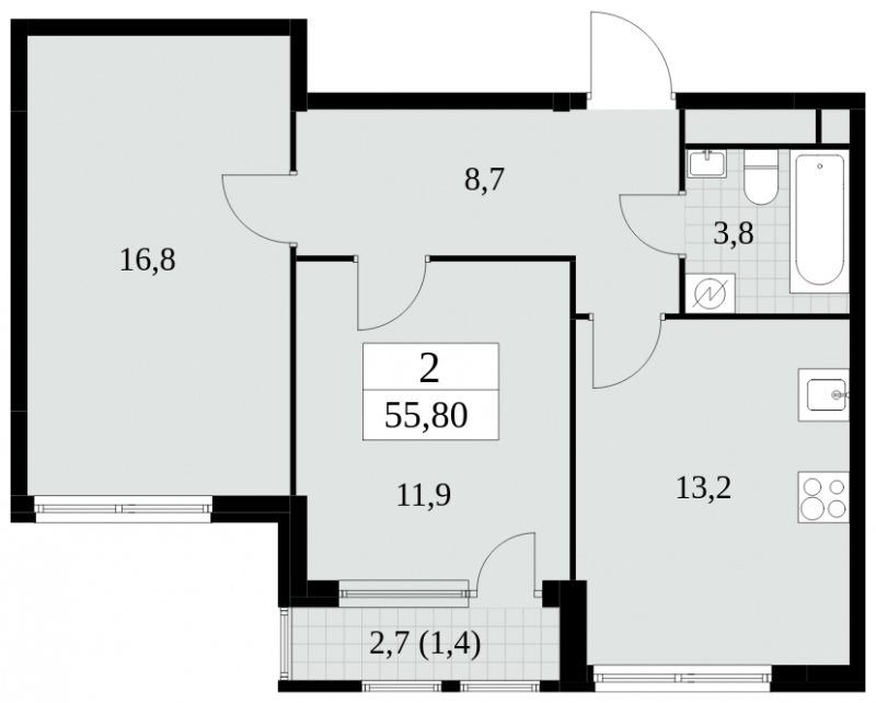 2-комнатная квартира без отделки, 55.8 м2, 19 этаж, сдача 2 квартал 2025 г., ЖК Южные сады, корпус 2.3 - объявление 1758237 - фото №1