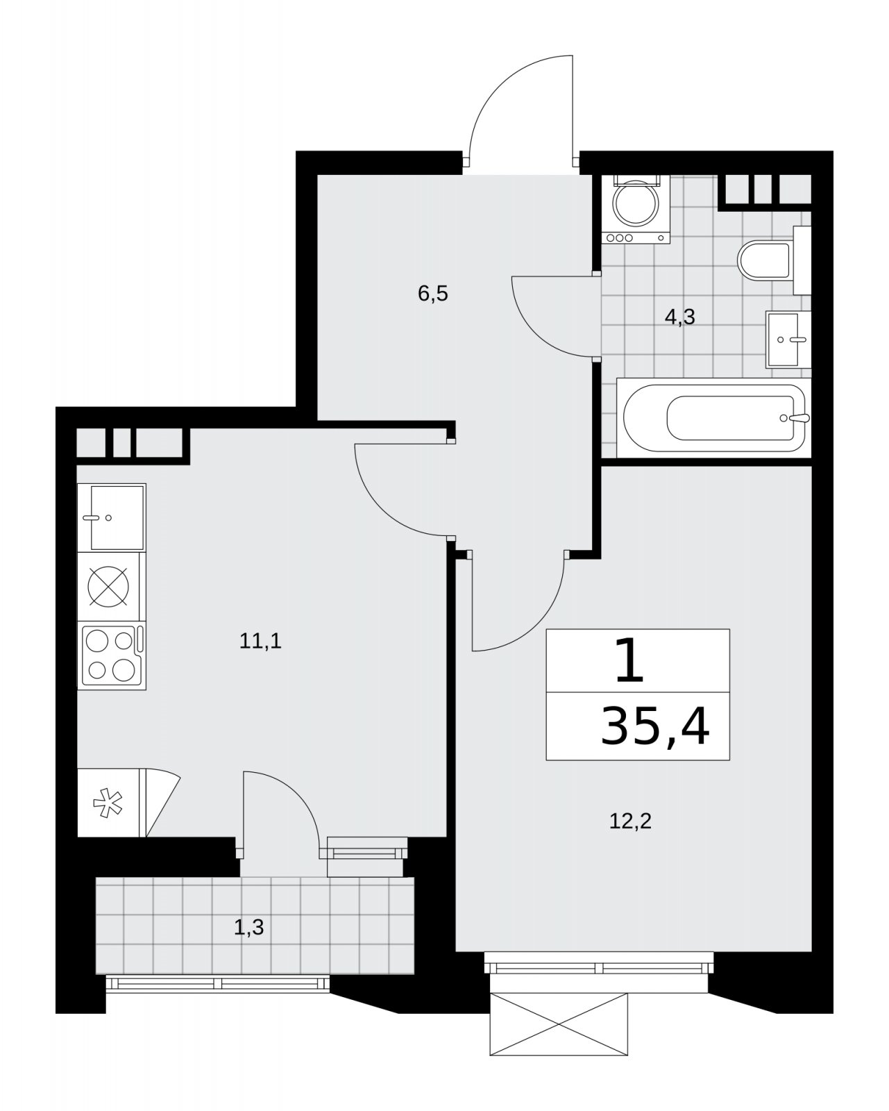 1-комнатная квартира без отделки, 35.4 м2, 7 этаж, сдача 4 квартал 2025 г., ЖК Бунинские кварталы, корпус 6.6 - объявление 2252930 - фото №1