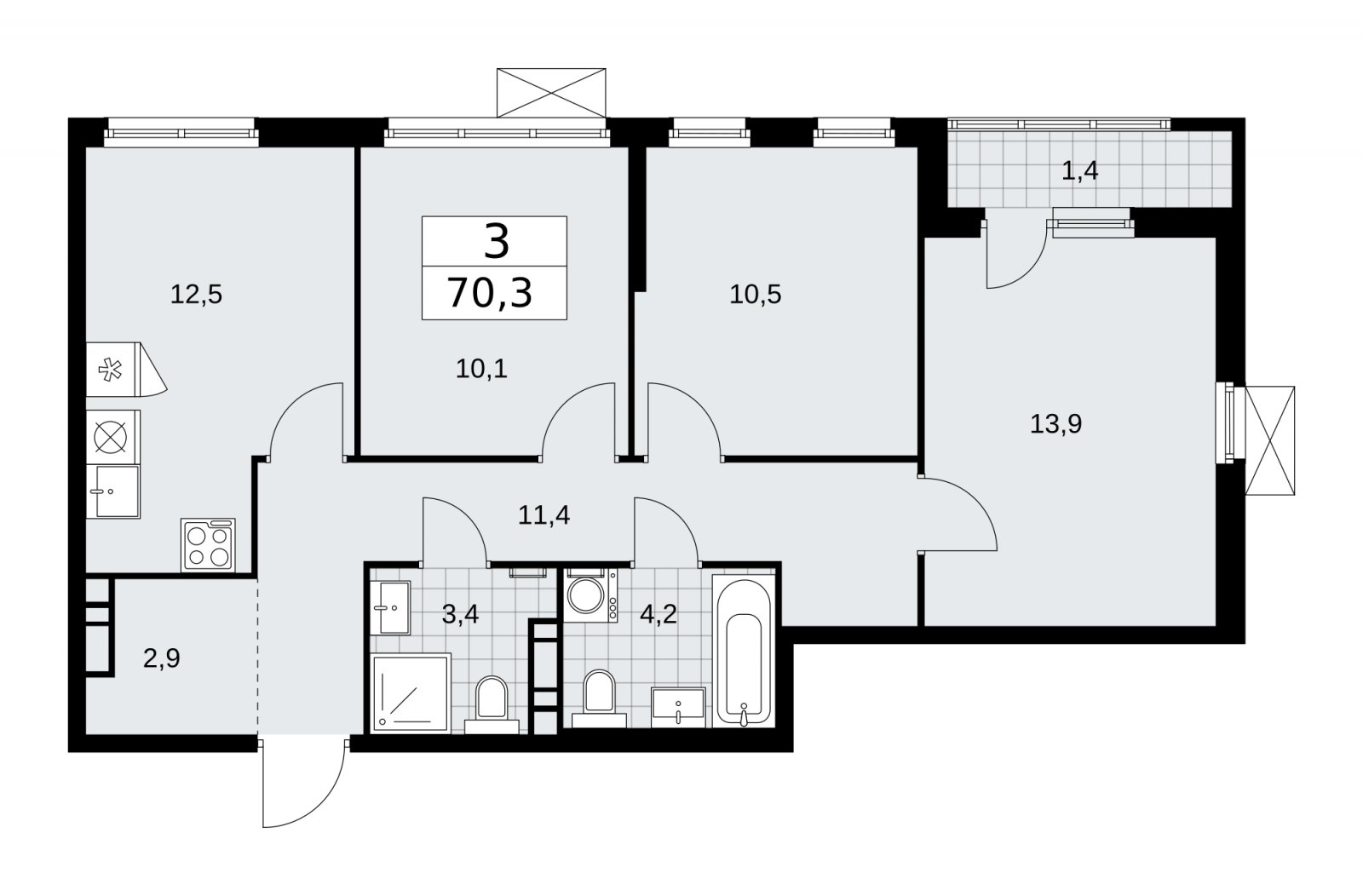 3-комнатная квартира без отделки, 70.3 м2, 7 этаж, сдача 4 квартал 2025 г., ЖК Прокшино, корпус 11.1.4 - объявление 2257596 - фото №1
