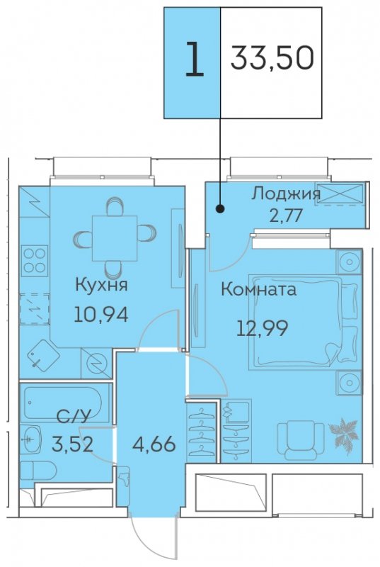 1-комнатная квартира с частичной отделкой, 33.5 м2, 2 этаж, сдача 3 квартал 2023 г., ЖК Аквилон BESIDE, корпус 1 - объявление 1419211 - фото №1