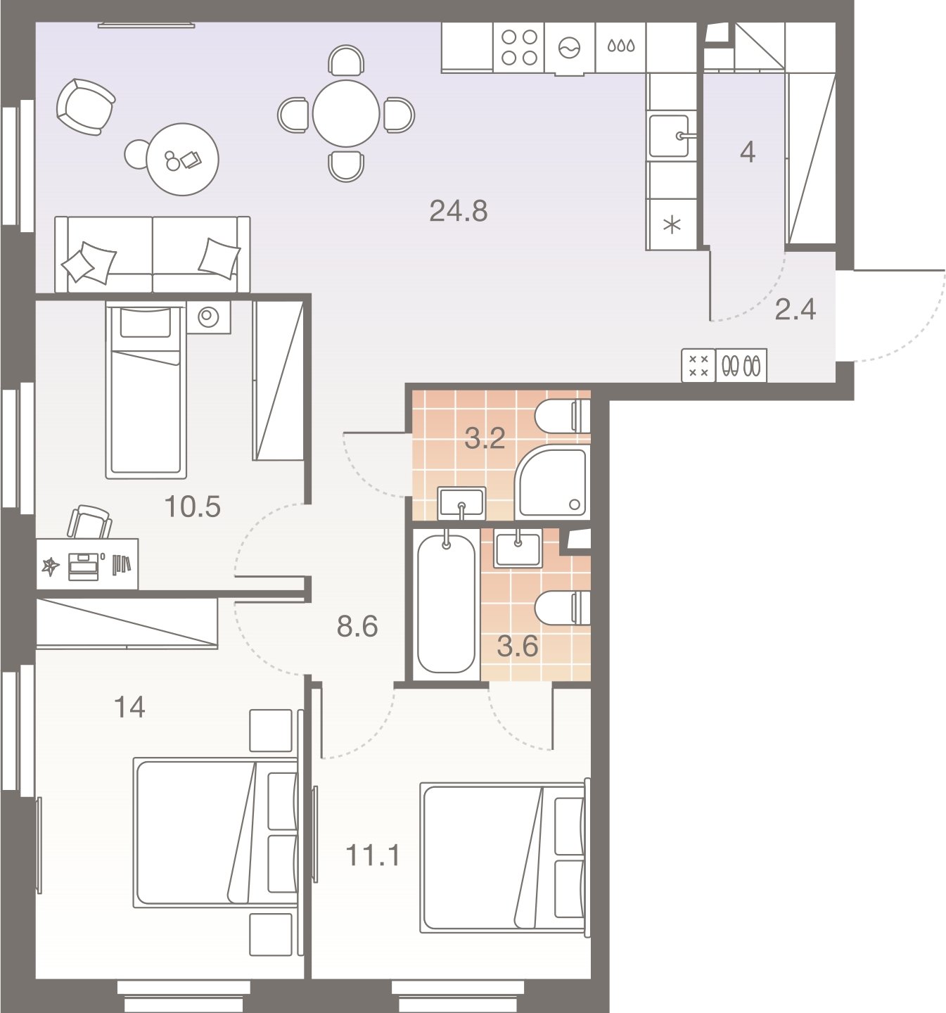 4-комнатная квартира без отделки, 82.8 м2, 26 этаж, сдача 1 квартал 2026 г., ЖК Twelve, корпус 3 - объявление 2400122 - фото №1