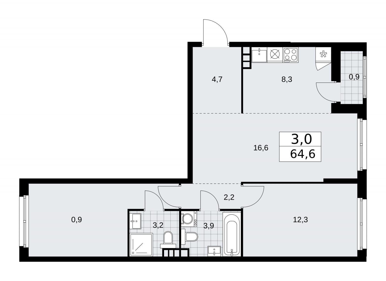 3-комнатная квартира (евро) с частичной отделкой, 64.6 м2, 6 этаж, сдача 2 квартал 2026 г., ЖК Дзен-кварталы, корпус 3.6 - объявление 2242746 - фото №1