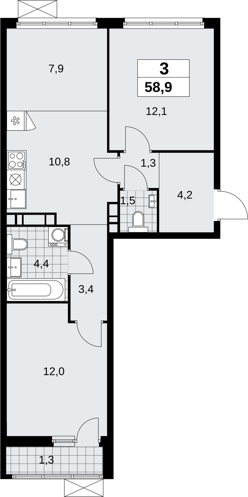 3-комнатная квартира (евро) без отделки, 58.9 м2, 7 этаж, сдача 4 квартал 2026 г., ЖК Скандинавия, корпус 2.18.2.5 - объявление 2351675 - фото №1