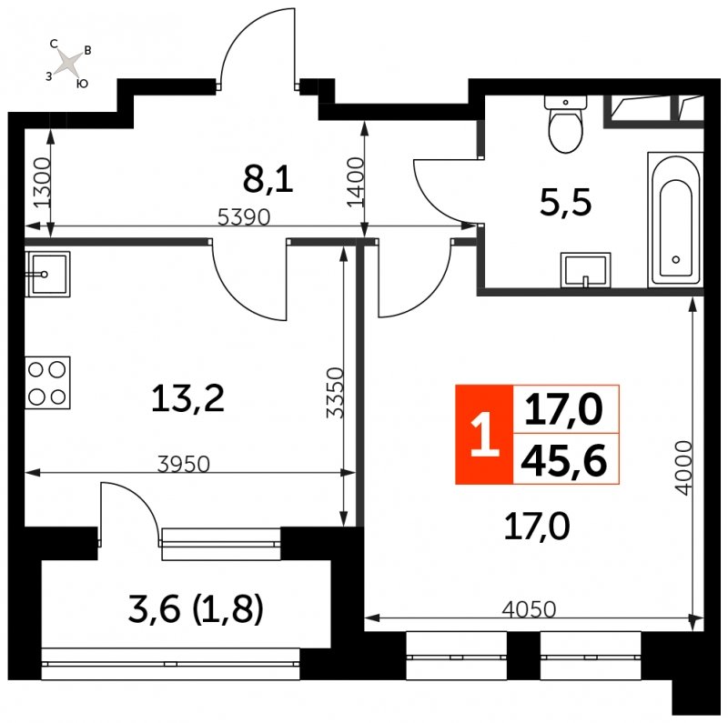 1-комнатная квартира с частичной отделкой, 45.6 м2, 2 этаж, сдача 3 квартал 2024 г., ЖК Sydney City, корпус 2.1 - объявление 1608144 - фото №1
