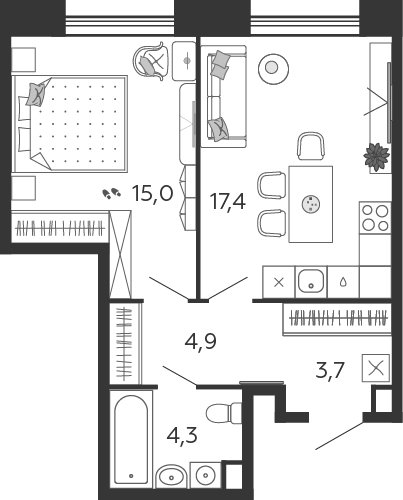 1-комнатная квартира без отделки, 52.7 м2, 2 этаж, дом сдан, ЖК SHAGAL, корпус 1.1 - объявление 2342825 - фото №1