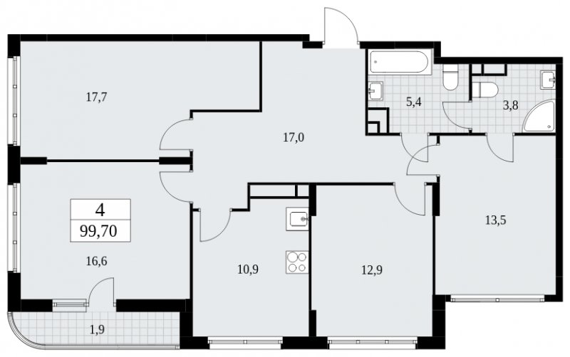 4-комнатная квартира с частичной отделкой, 99.7 м2, 16 этаж, сдача 4 квартал 2024 г., ЖК Скандинавия, корпус 36.1.1 - объявление 1801825 - фото №1