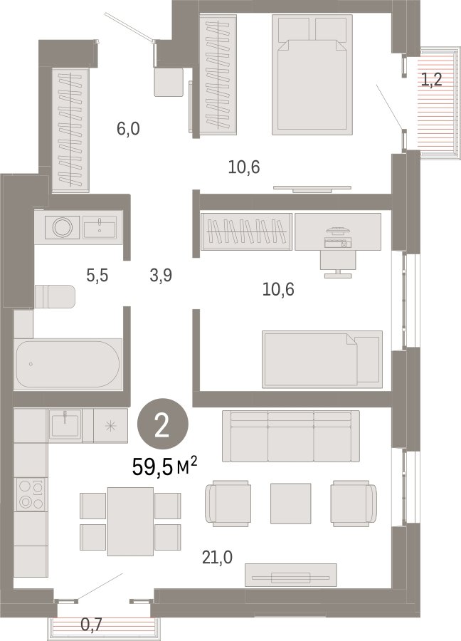 2-комнатная квартира с частичной отделкой, 59.5 м2, 28 этаж, сдача 3 квартал 2026 г., ЖК Квартал Метроном, корпус 1 - объявление 2300771 - фото №1