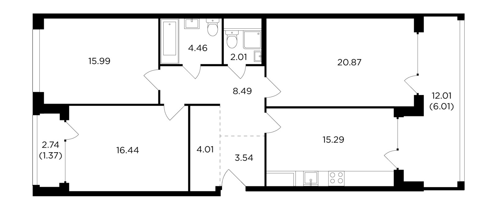 3-комнатная квартира с полной отделкой, 98.48 м2, 14 этаж, дом сдан, ЖК RiverSky, корпус 8 - объявление 2385449 - фото №1
