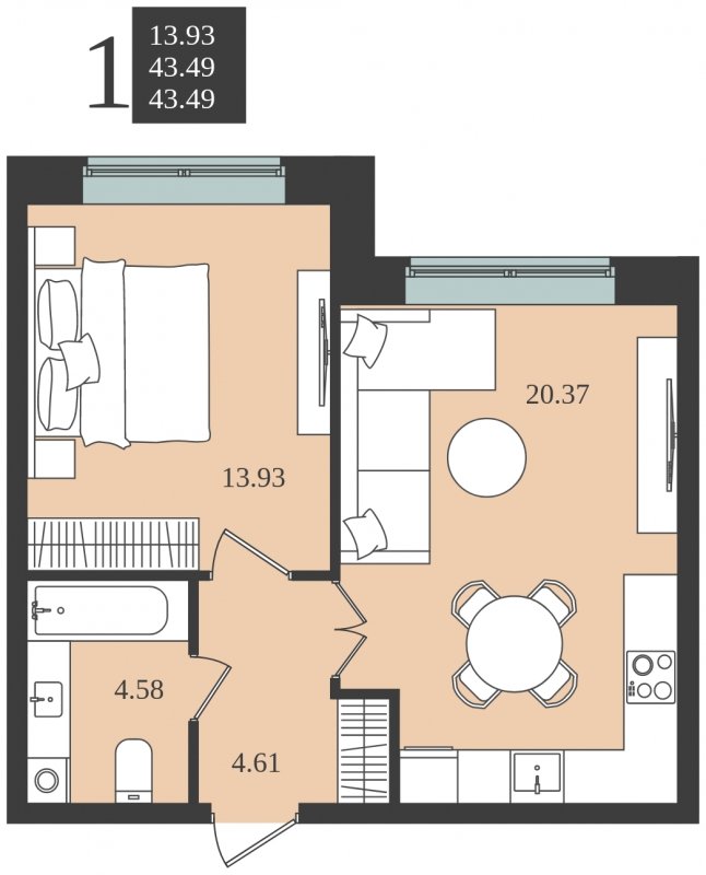 1-комнатная квартира без отделки, 43.49 м2, 1 этаж, сдача 1 квартал 2024 г., ЖК Мишино-2, корпус 7 - объявление 1748180 - фото №1
