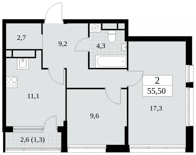 2-комнатная квартира с частичной отделкой, 55.5 м2, 28 этаж, сдача 2 квартал 2025 г., ЖК Южные сады, корпус 2.1 - объявление 1760074 - фото №1